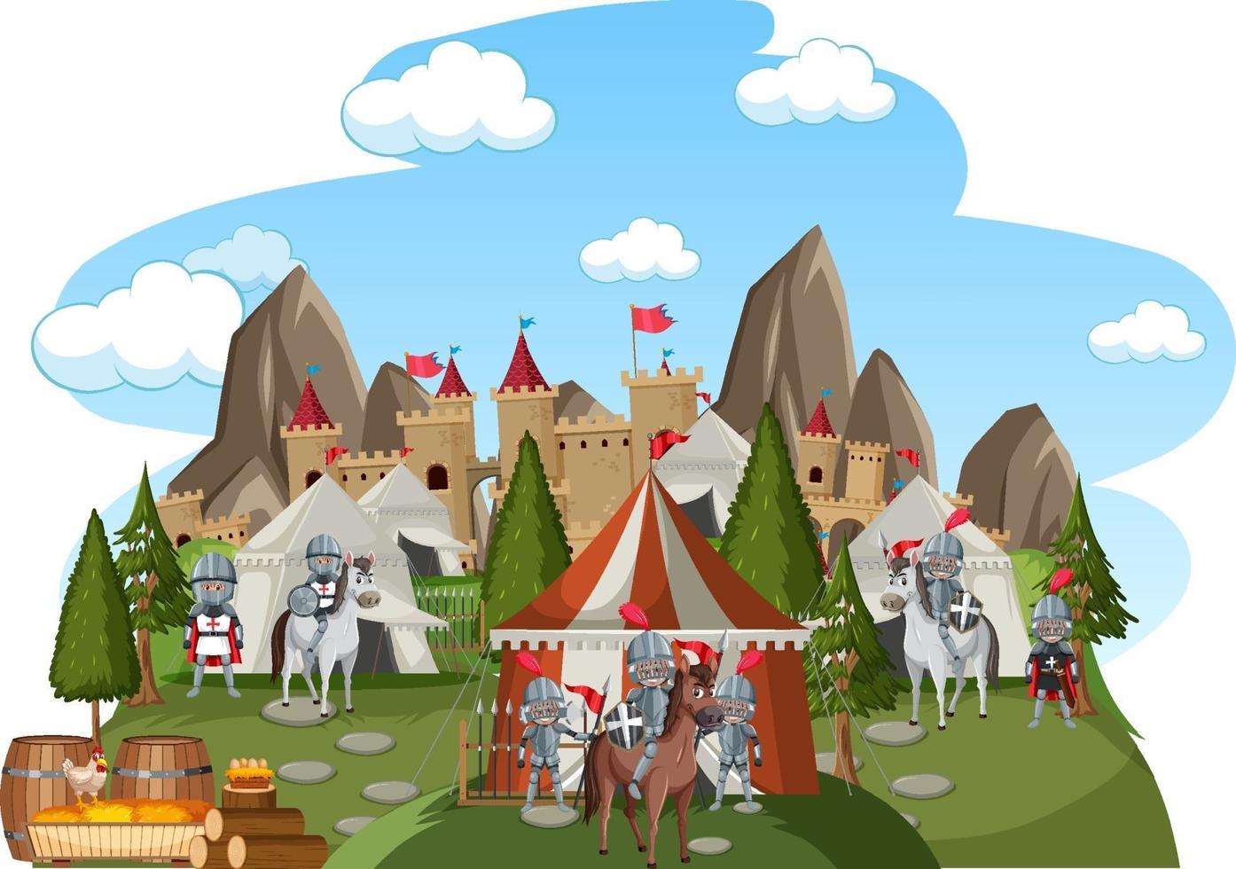 Campamento medieval militar sobre fondo blanco. vector