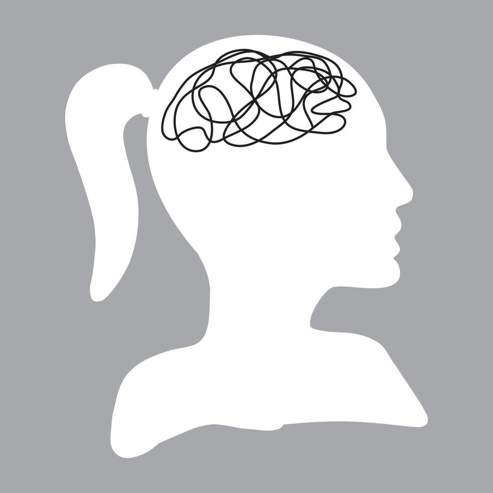 Woman head with tangled messy line inside as brain vector