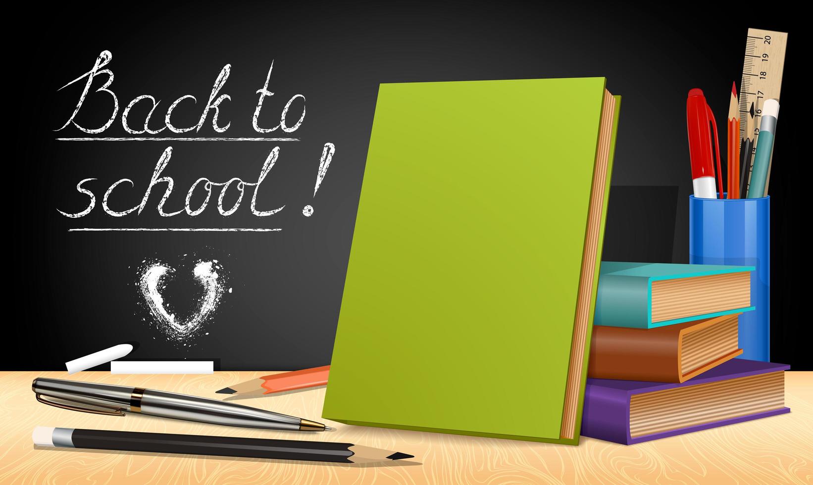 Banner Back to school Layout  books and stationery on a black board vector