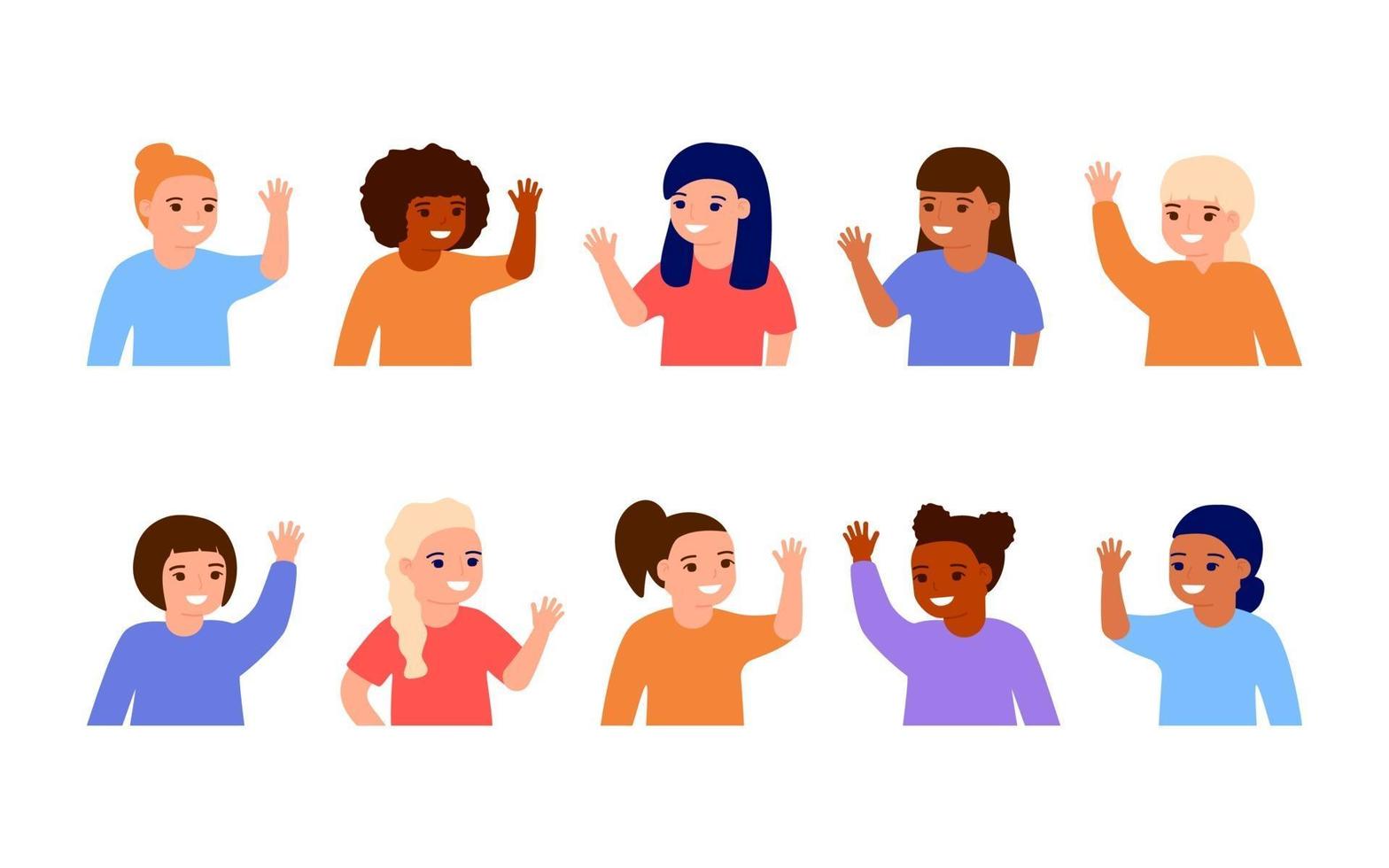 Happy girl kids waving hands hello. Smiling little children greeting vector