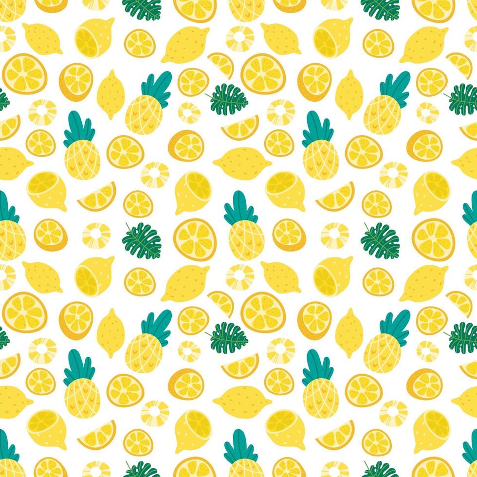 Fresh lemons, orange, pineapple seamless pattern with fruits vector