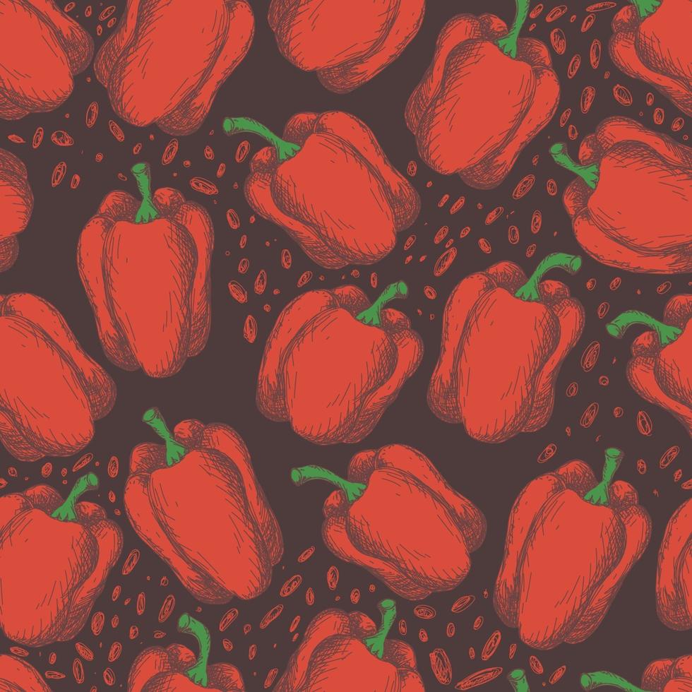 Red peppers on black background, seamless pattern. vector