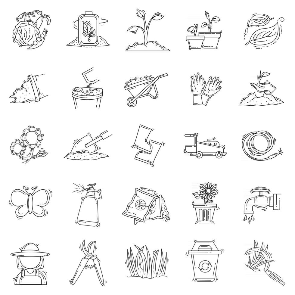 Conjunto de iconos dibujados a mano de jardinería, contorno negro, icono de doodle, icono de vector