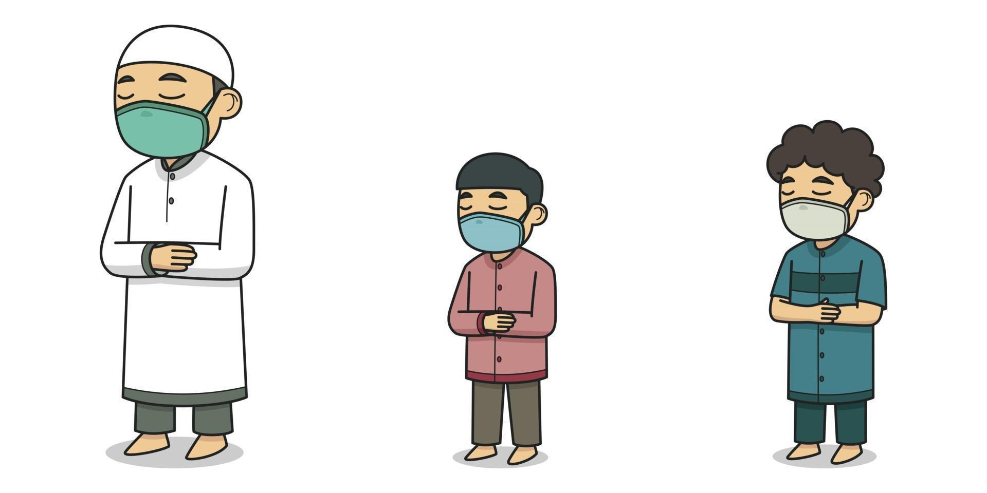 Imam and Makmum Characters Wearing Face Mask. vector