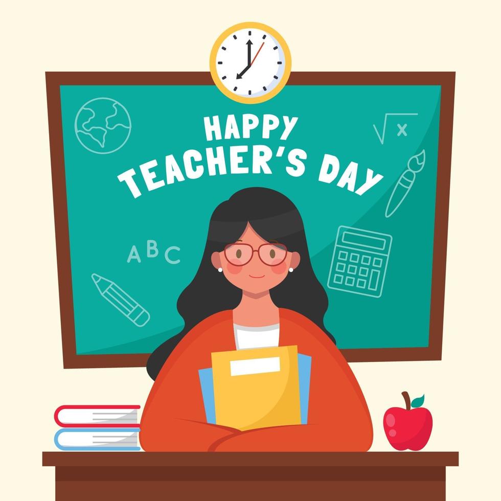 Teacher Sitting on Her Desk Holding Books vector