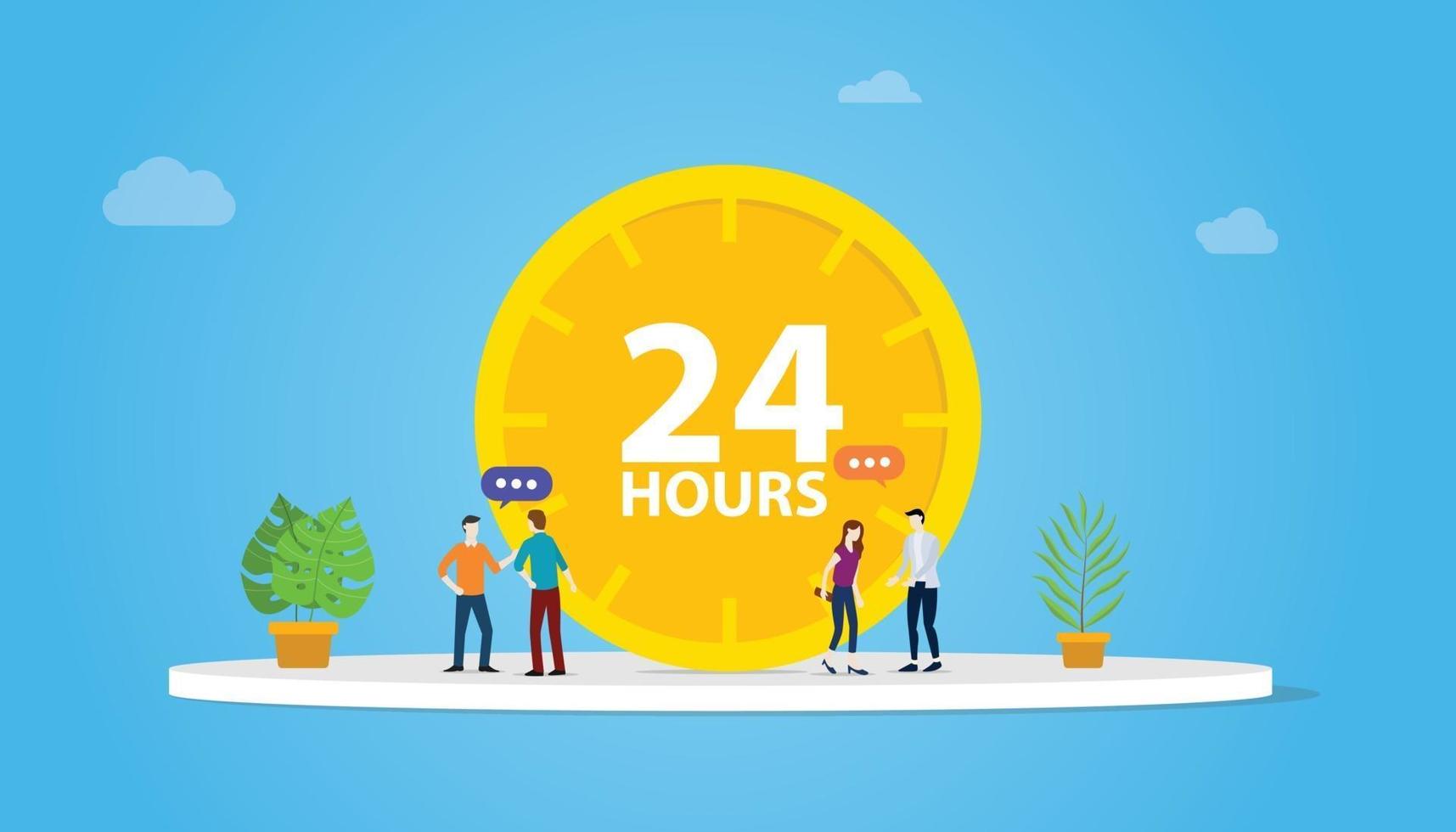 24 hours support service concept with clock and people team vector