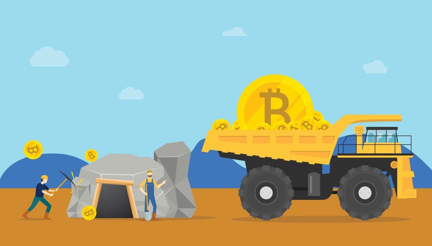 bitcoin mining concept with miner mine a golden cryptocurrency money vector