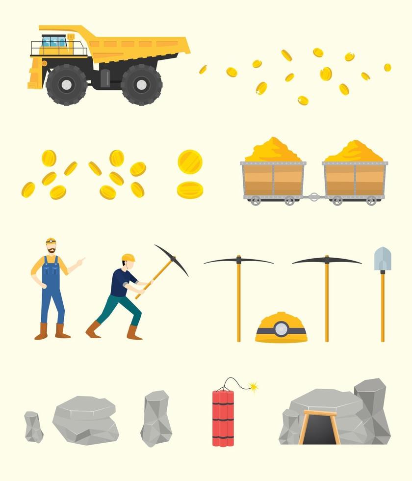 gold mining set collection objects with people and other tools vector