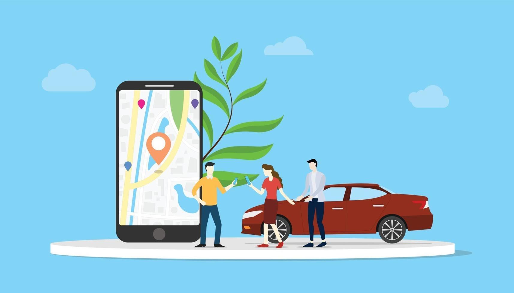 online car sharing for city transportation with people and smartphone vector