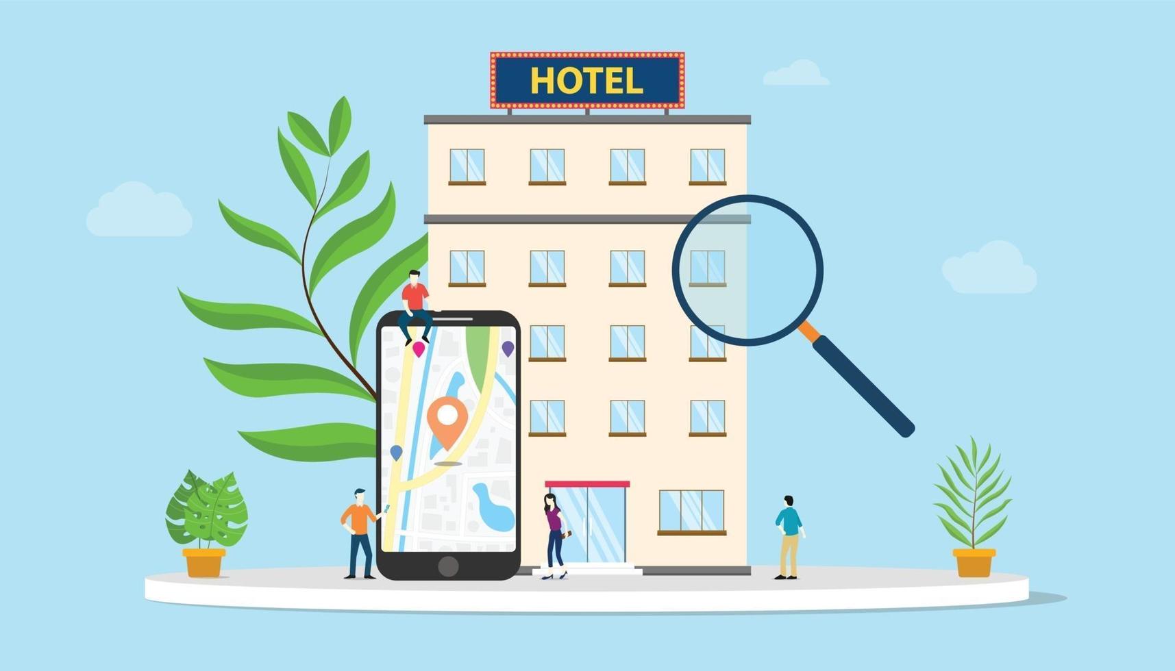 Encuentre el concepto de hotel o busque hoteles con mapas de teléfonos inteligentes gps vector