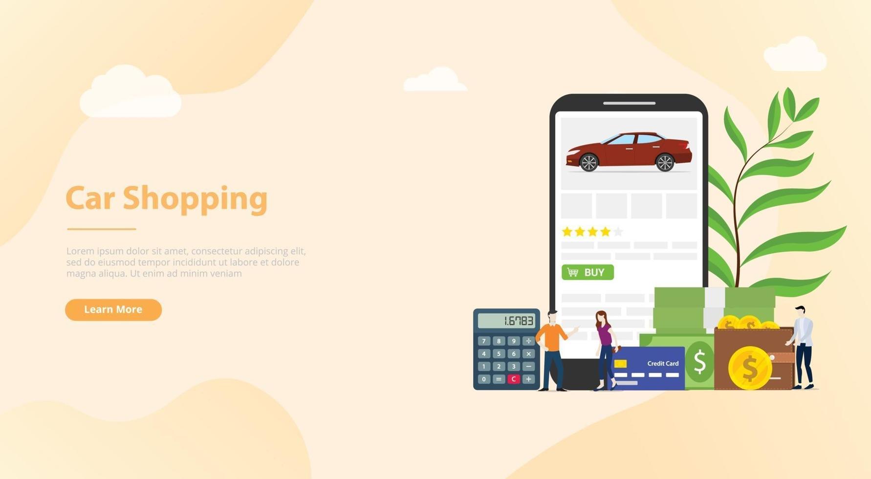 tecnología de comercio electrónico de compras de automóviles en línea con aplicación para teléfono inteligente vector