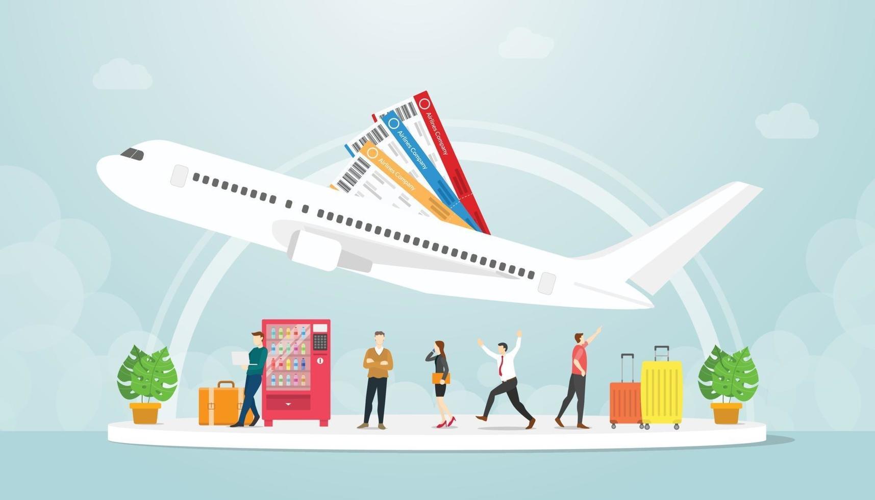 airport transportation with people and plane fly with ticket vector