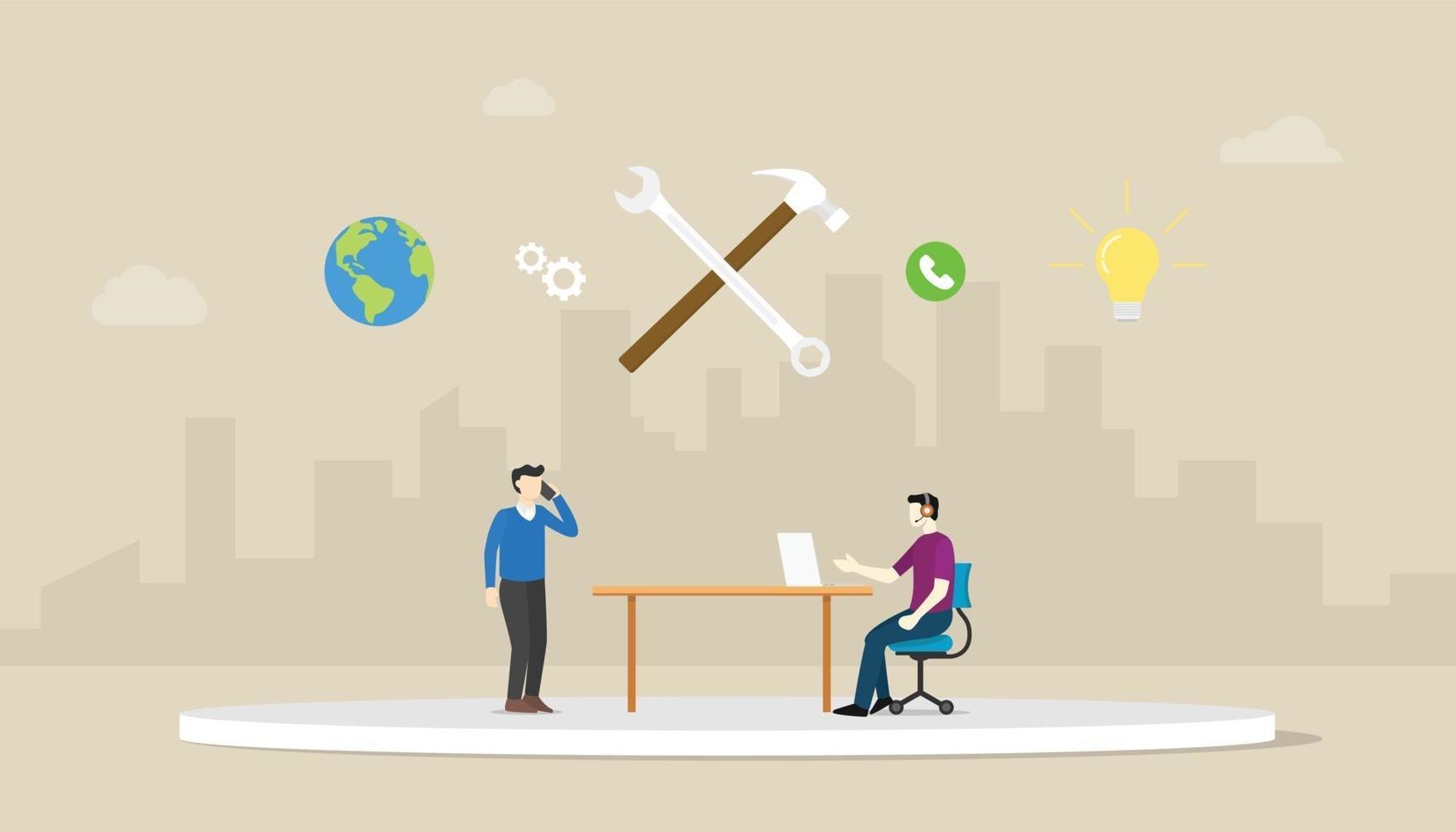 call technical support with men two people calling with wrench icon vector