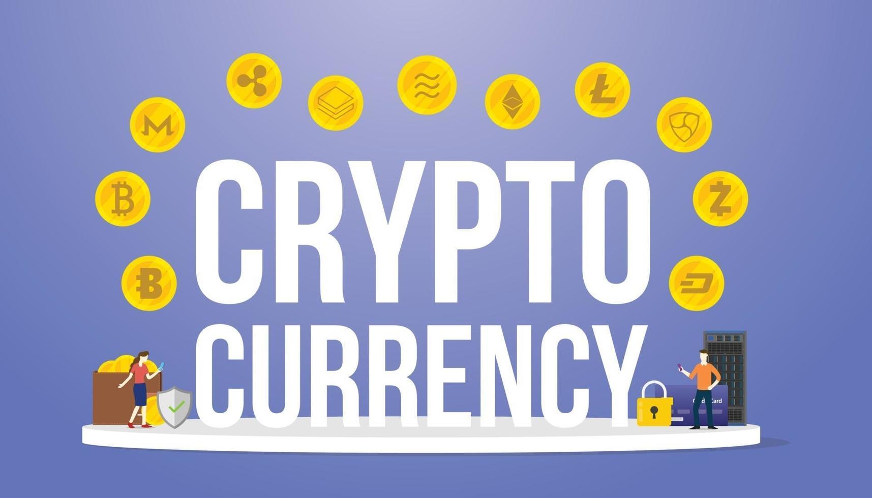 crypto currency big words with various options of cryptocurrency money vector