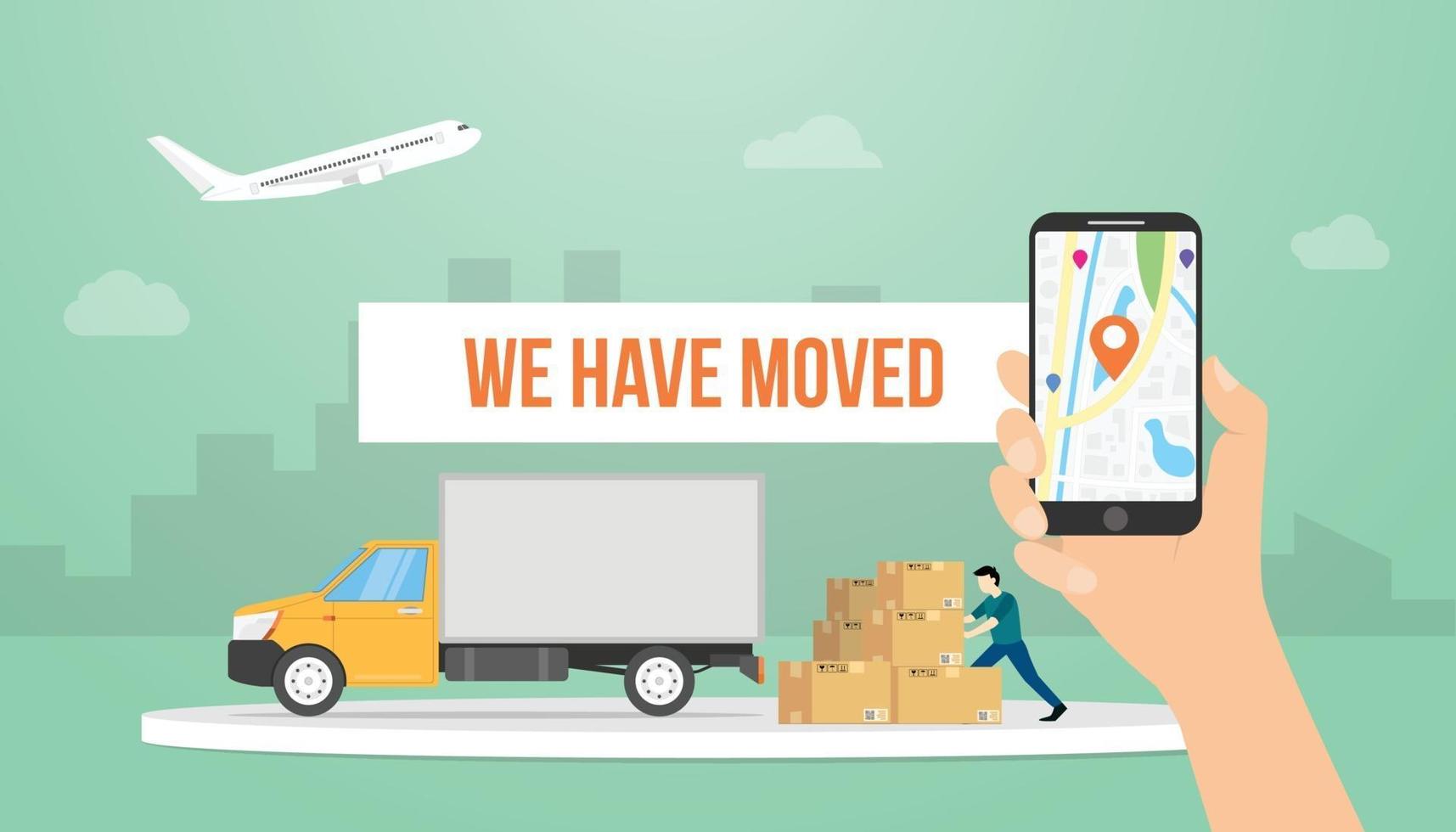 we have moved text banner title with hand holding smartphone and truck vector