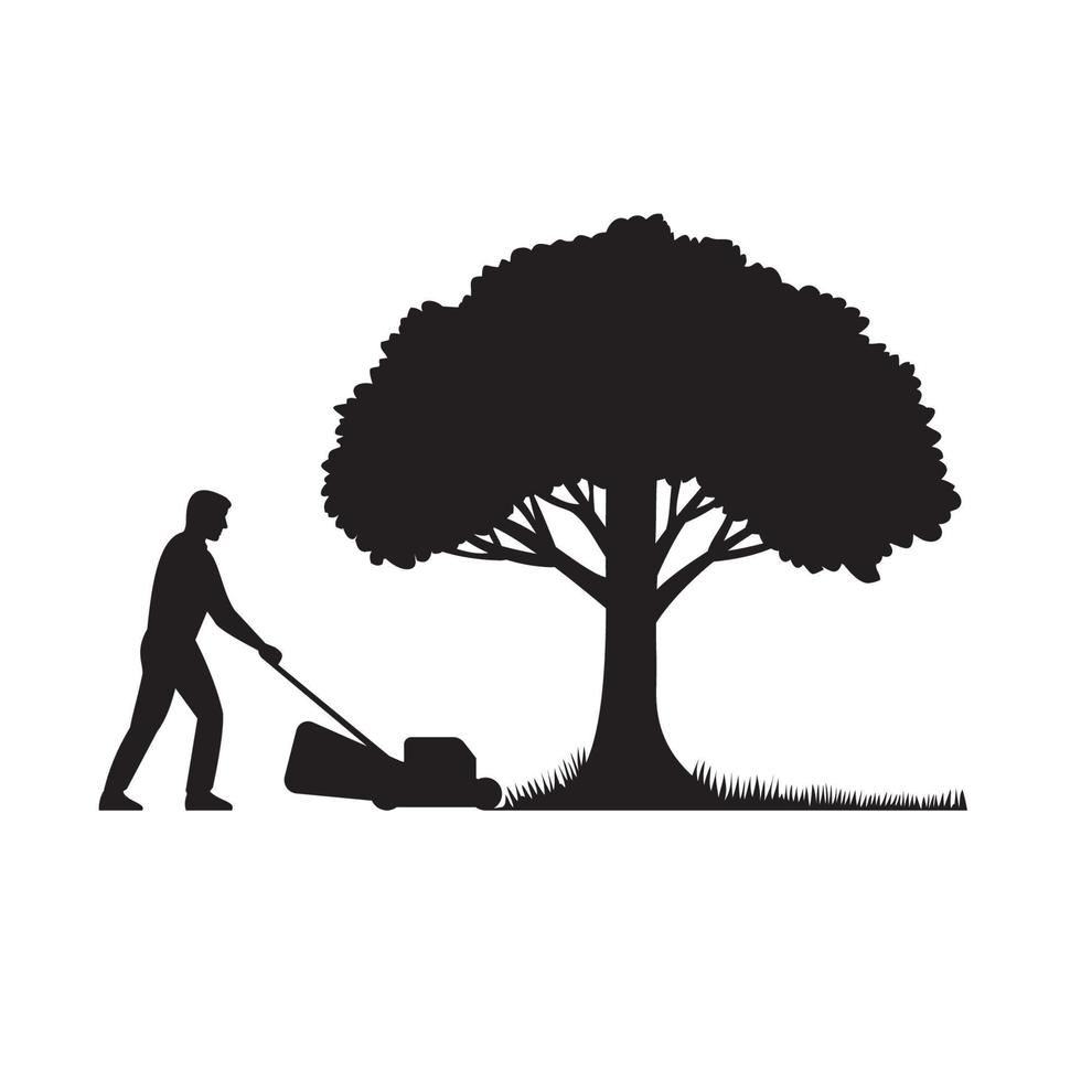 Silhouette of Gardener with Lawnmower Stencil Illustration vector