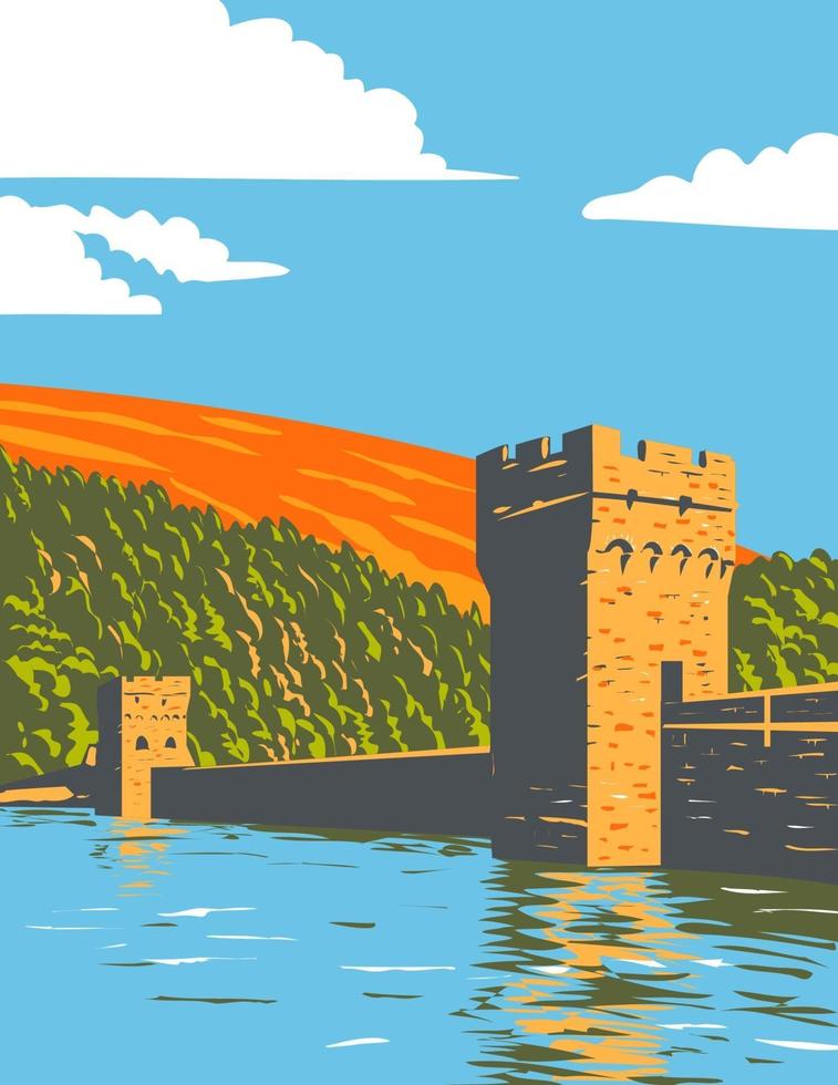 Ladybower Derwent Reservoirs Peak District National Park Art Deco WPA vector