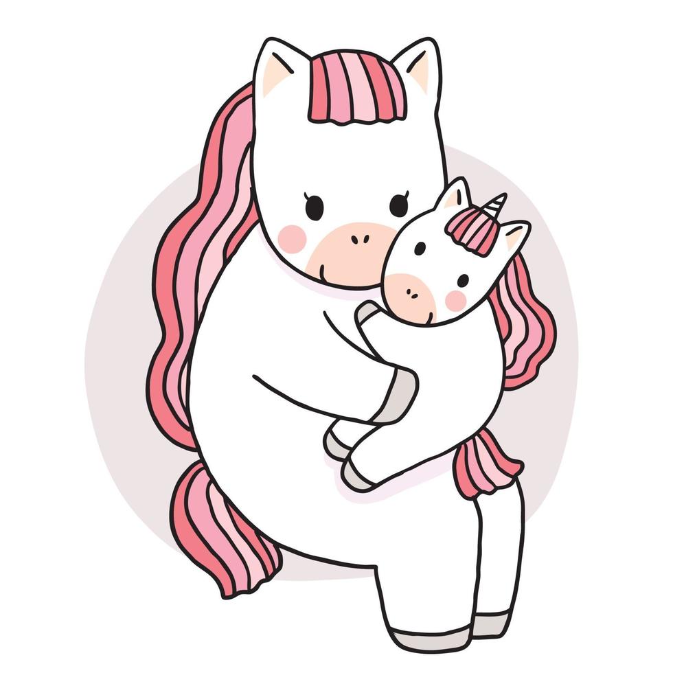 Dibujar a mano dibujos animados lindo mamá y niño unicornio abrazando vector. vector