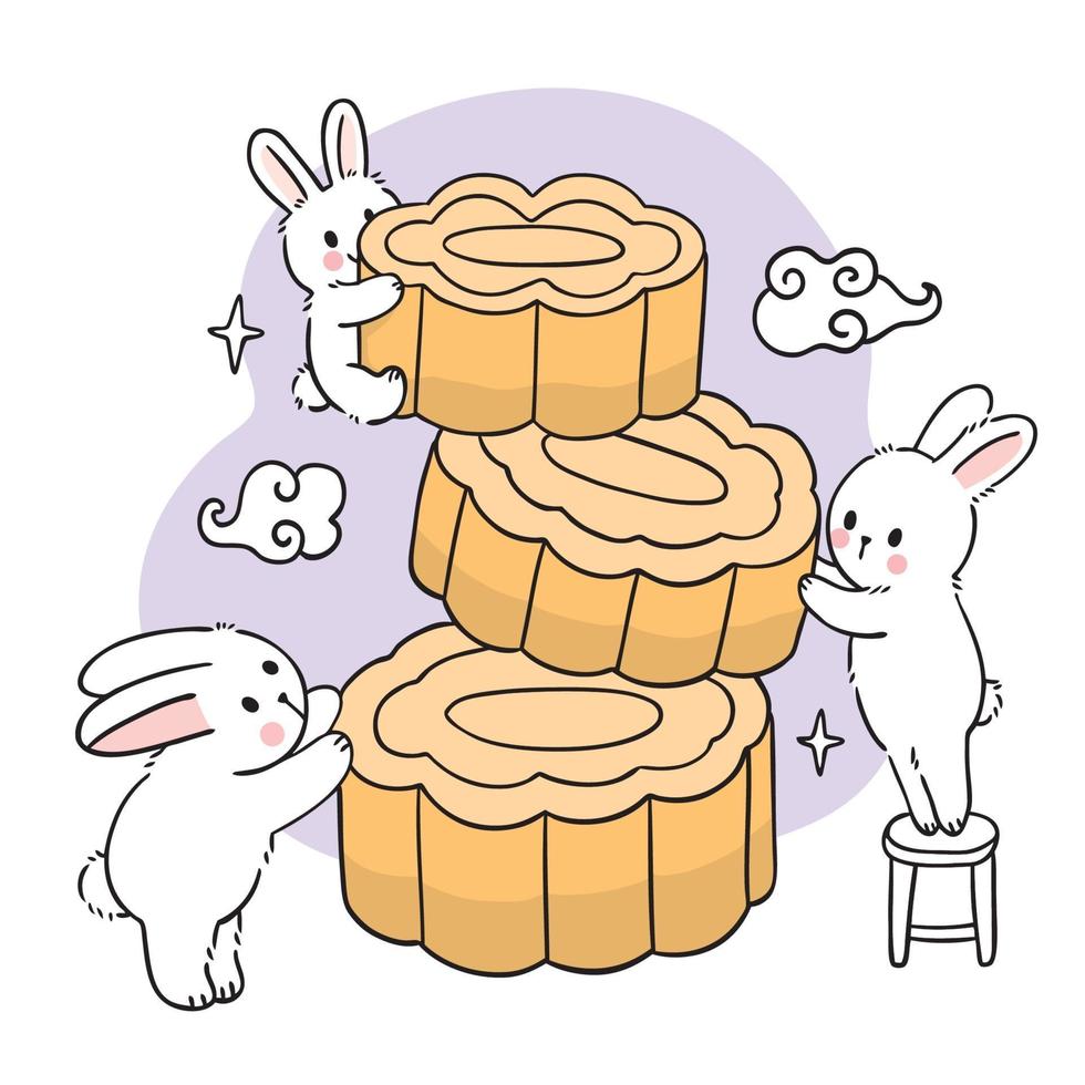 Cartoon cute Mid Autumn festival white rabbits and moon cake vector. vector
