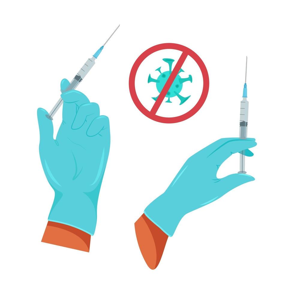 Hand in medical gloves holding a syringe, vaccination against virus vector