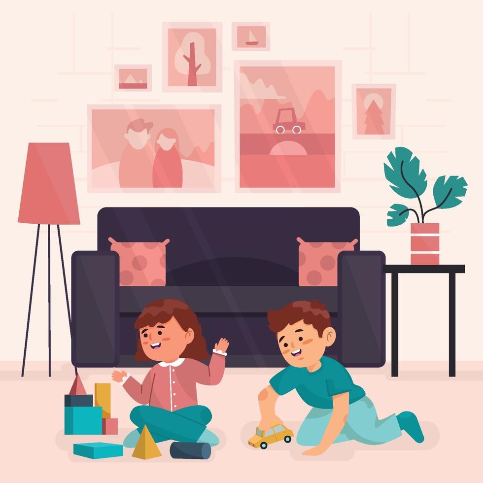 Children Play Together in Living Room vector