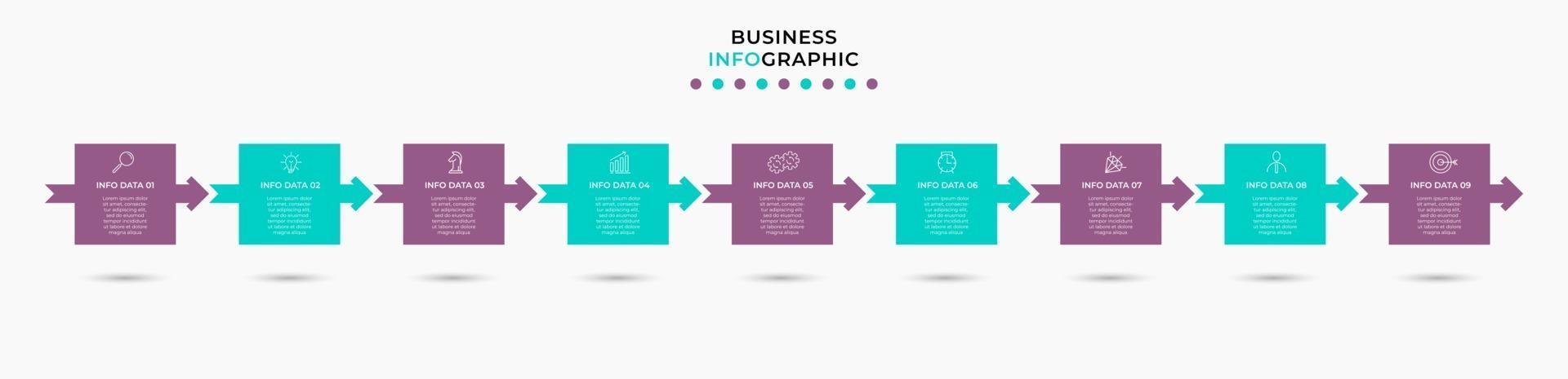 Plantilla de negocio de diseño infográfico con iconos y 9 opciones o pasos. vector