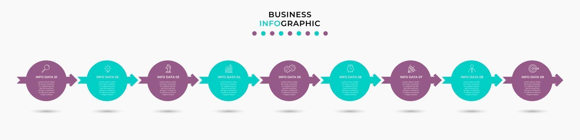 Plantilla de negocio de diseño infográfico con iconos y 9 opciones o pasos. vector