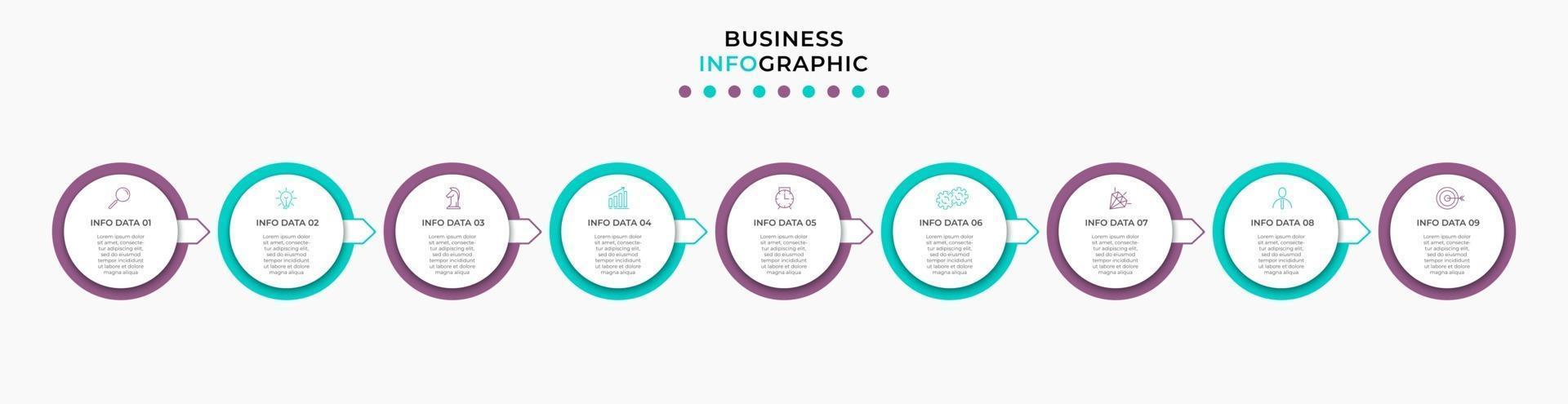 Plantilla de negocio de diseño infográfico con iconos y 9 opciones o pasos. vector