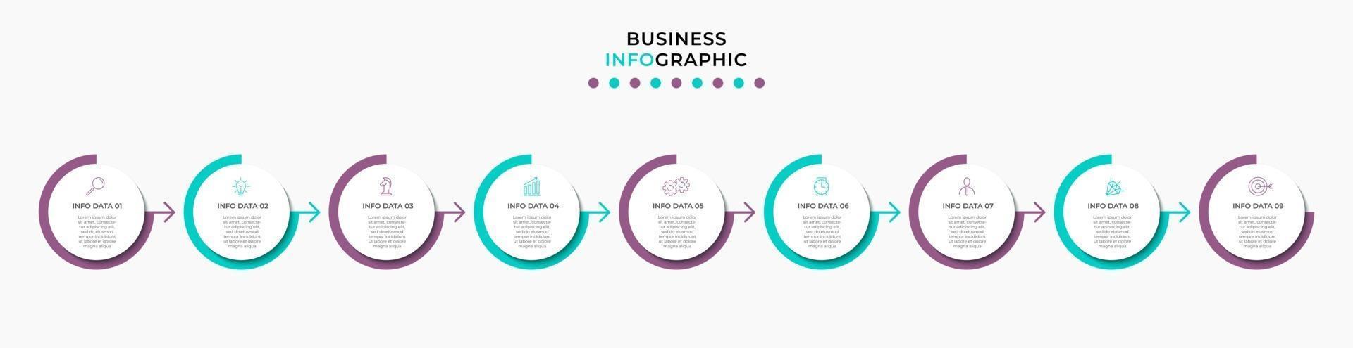 Plantilla de negocio de diseño infográfico con iconos y 9 opciones o pasos. vector