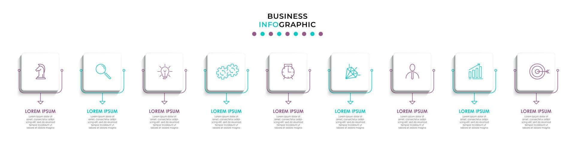 Plantilla de negocio de diseño infográfico con iconos y 9 opciones o pasos. vector