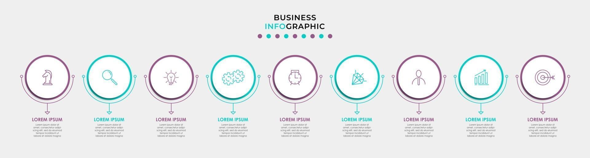 Plantilla de negocio de diseño infográfico con iconos y 9 opciones o pasos. vector