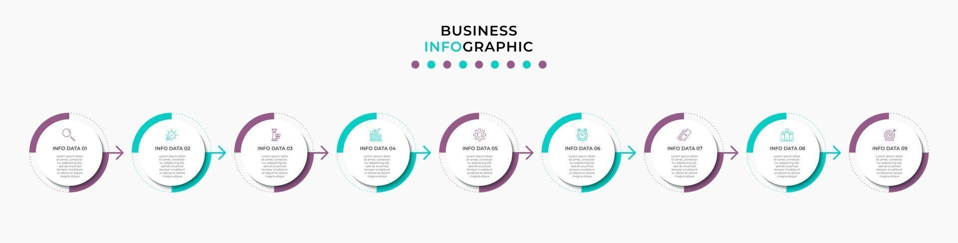 Plantilla de negocio de diseño infográfico con iconos y 9 opciones o pasos. vector