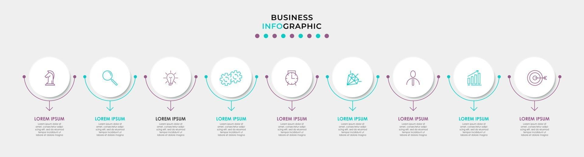 Plantilla de negocio de diseño infográfico con iconos y 9 opciones o pasos. vector