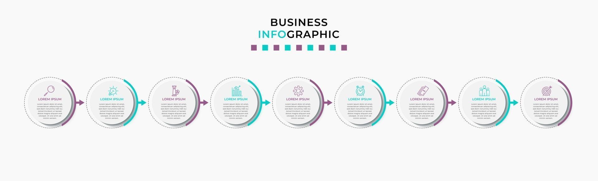 Plantilla de negocio de diseño infográfico con iconos y 9 opciones o pasos. vector