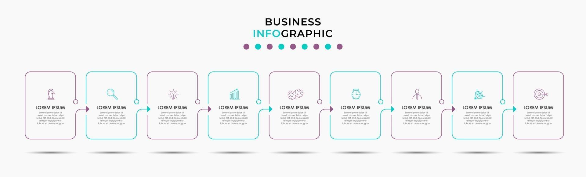 Plantilla de negocio de diseño infográfico con iconos y 9 opciones o pasos. vector