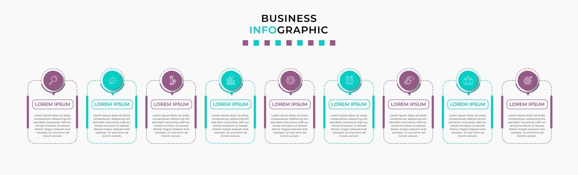 Plantilla de negocio de diseño infográfico con iconos y 9 opciones o pasos. vector