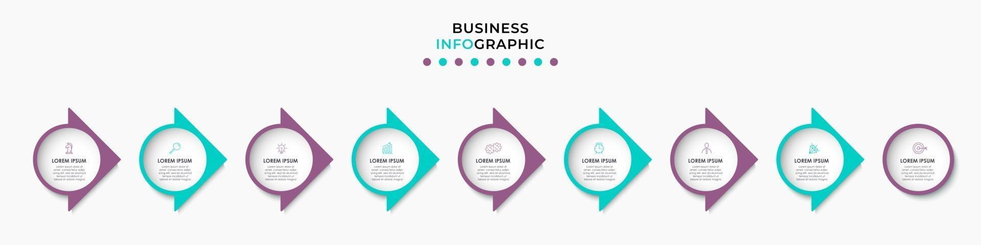 Plantilla de negocio de diseño infográfico con iconos y 9 opciones o pasos. vector