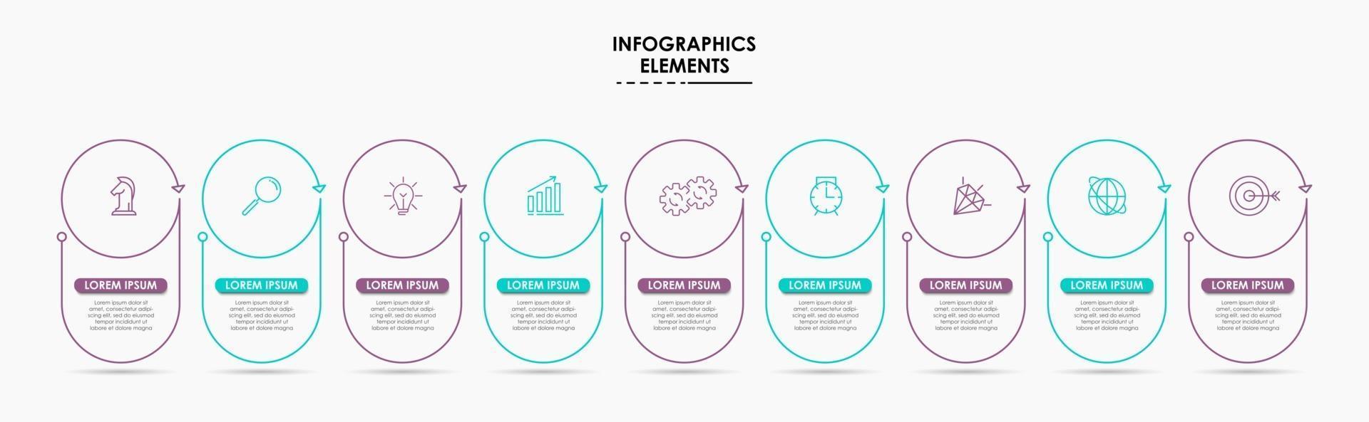 Plantilla de negocio de diseño infográfico con iconos y 9 opciones o pasos. vector