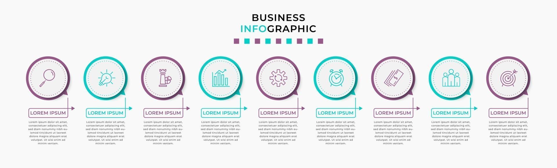 Plantilla de negocio de diseño infográfico con iconos y 9 opciones o pasos. vector