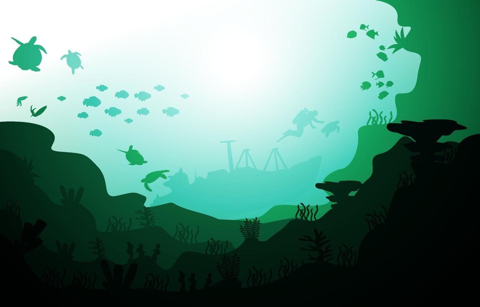 Diver Sunken Ship Wildlife Sea Animals Underwater Aquatic Illustration vector