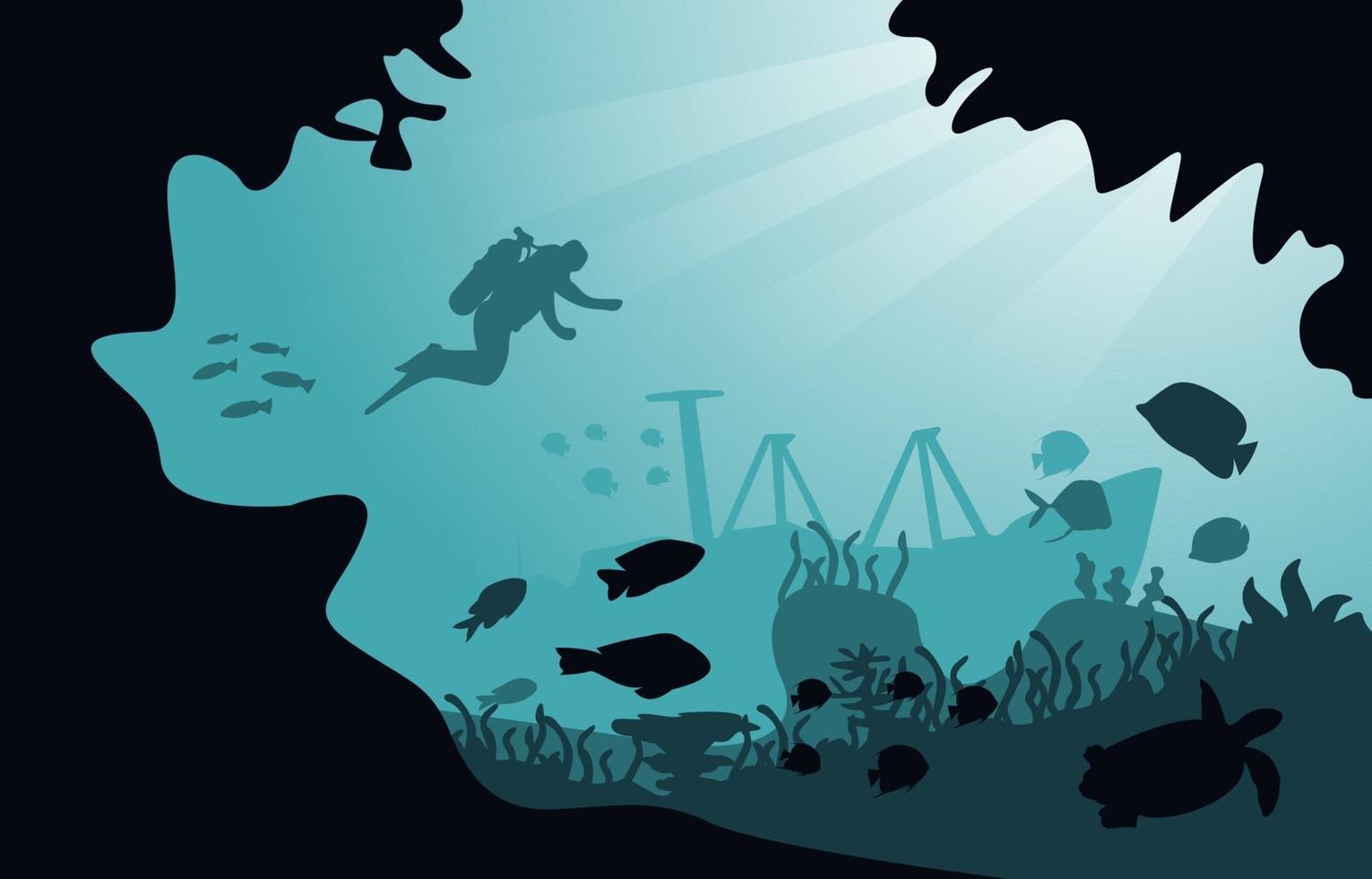 Diver Sunken Ship Wildlife Sea Animals Underwater Aquatic Illustration vector