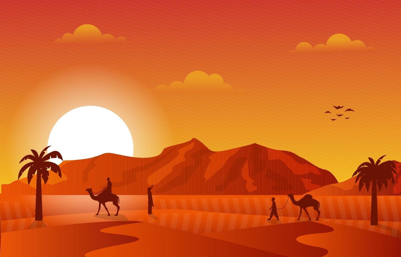 puesta de sol desierto árabe caravana de camellos musulmanes ilustración de la cultura islámica vector