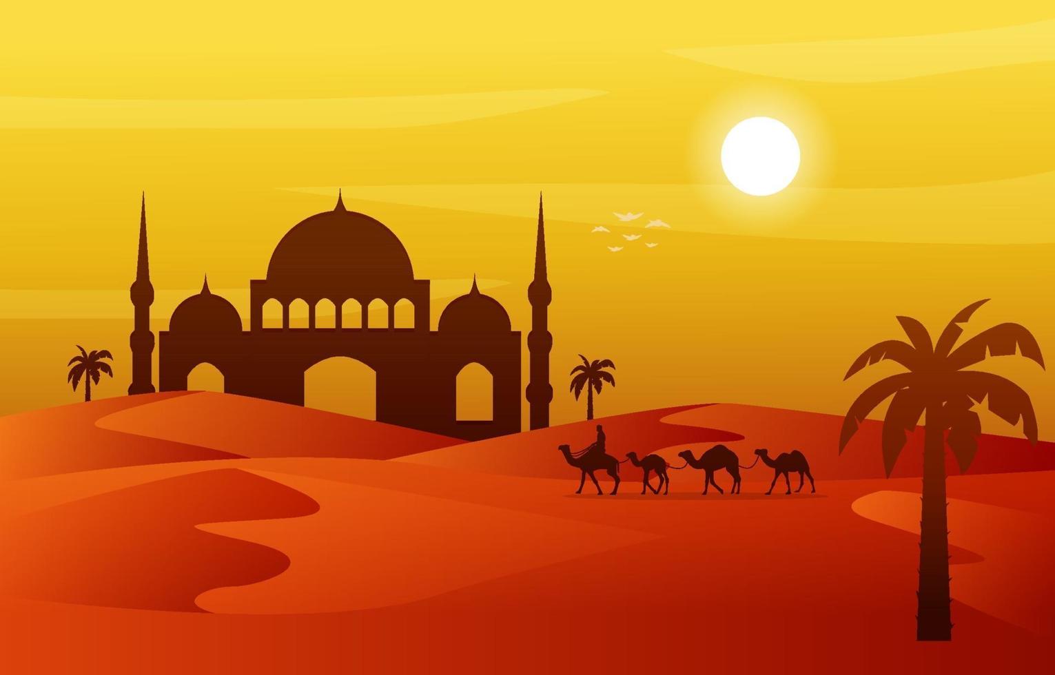 Mosque Arabic Desert Muslim Eid Mubarak Islamic Culture Illustration vector