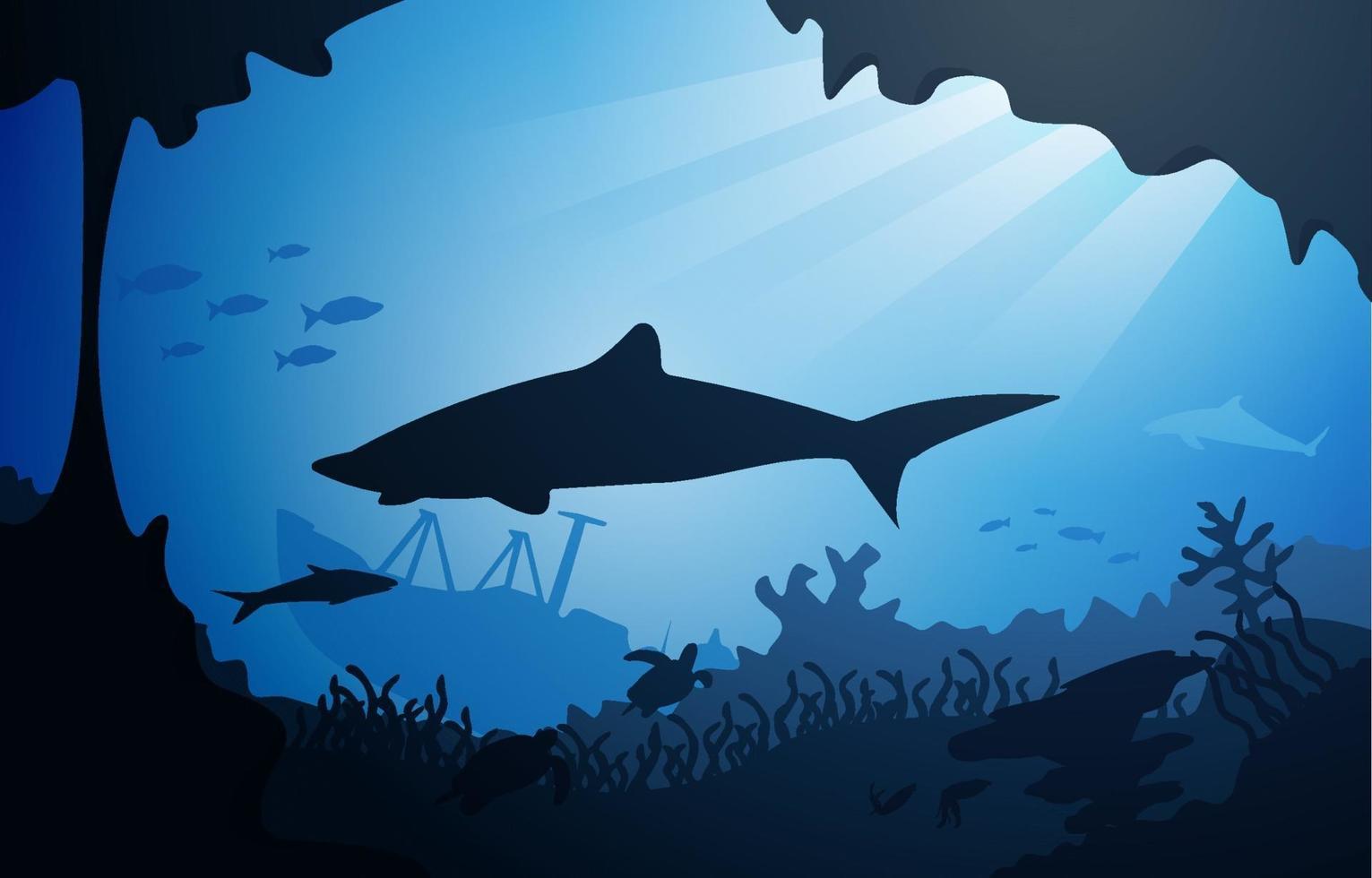 Shark Sunken Ship Wildlife Sea Animals Underwater Aquatic Illustration vector