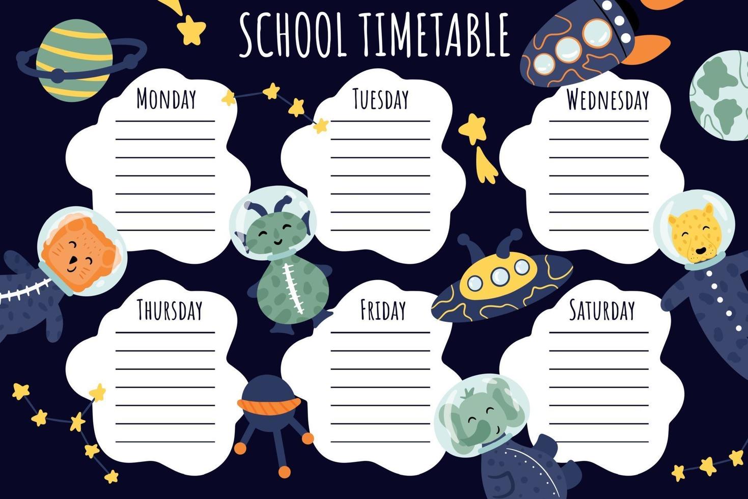 School Timetable. Weekly schedule vector template for school students.