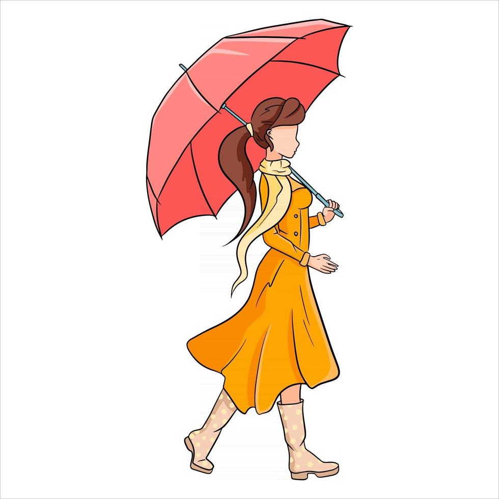 Young girl with an umbrella for a walk. Autumn, rain. Cartoon style ...