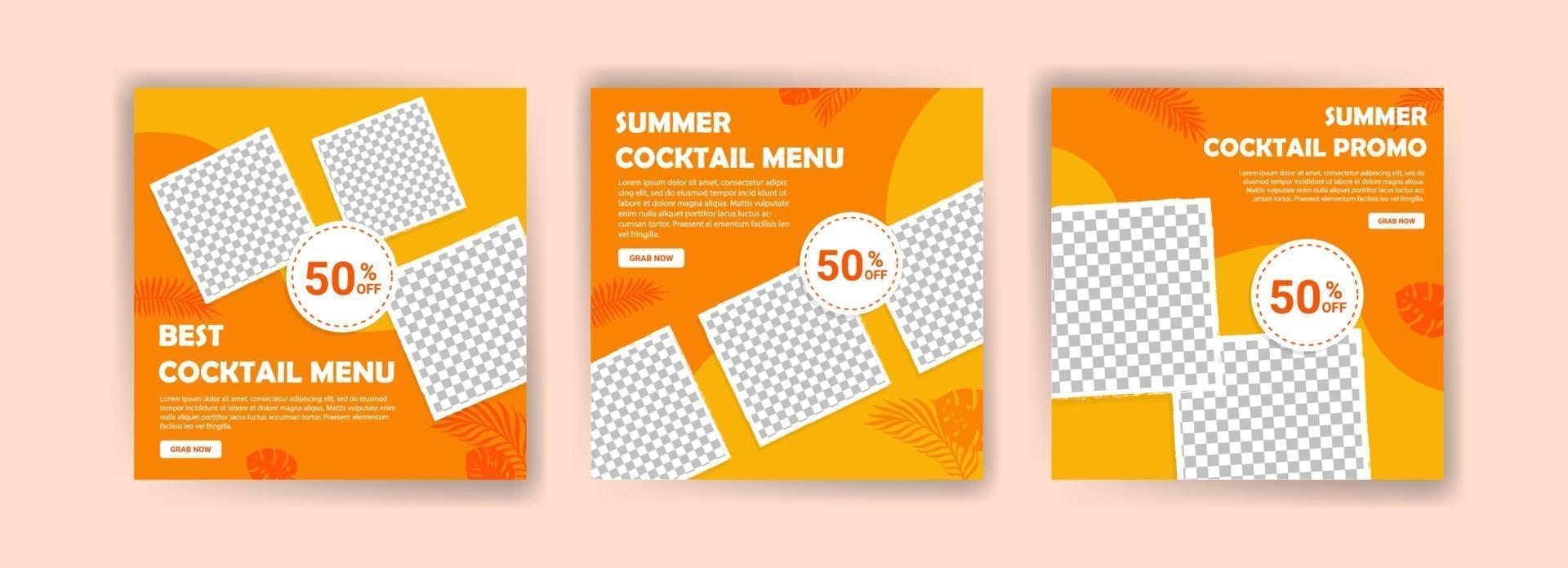 Social media post template for summer cocktail menu. vector