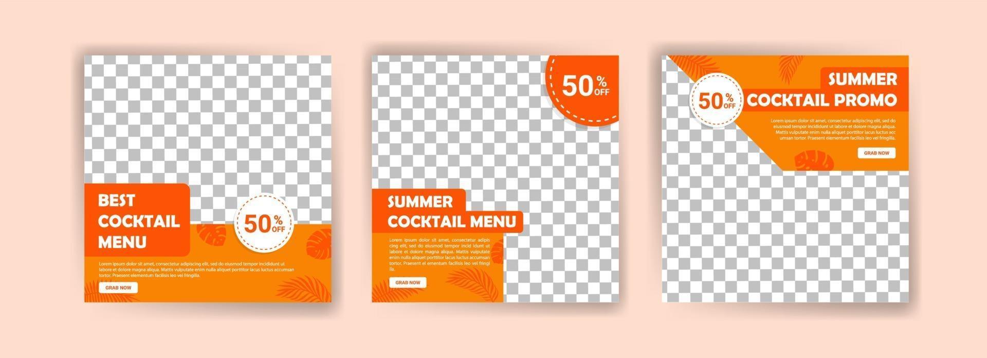 Social media post template for summer cocktail menu. vector
