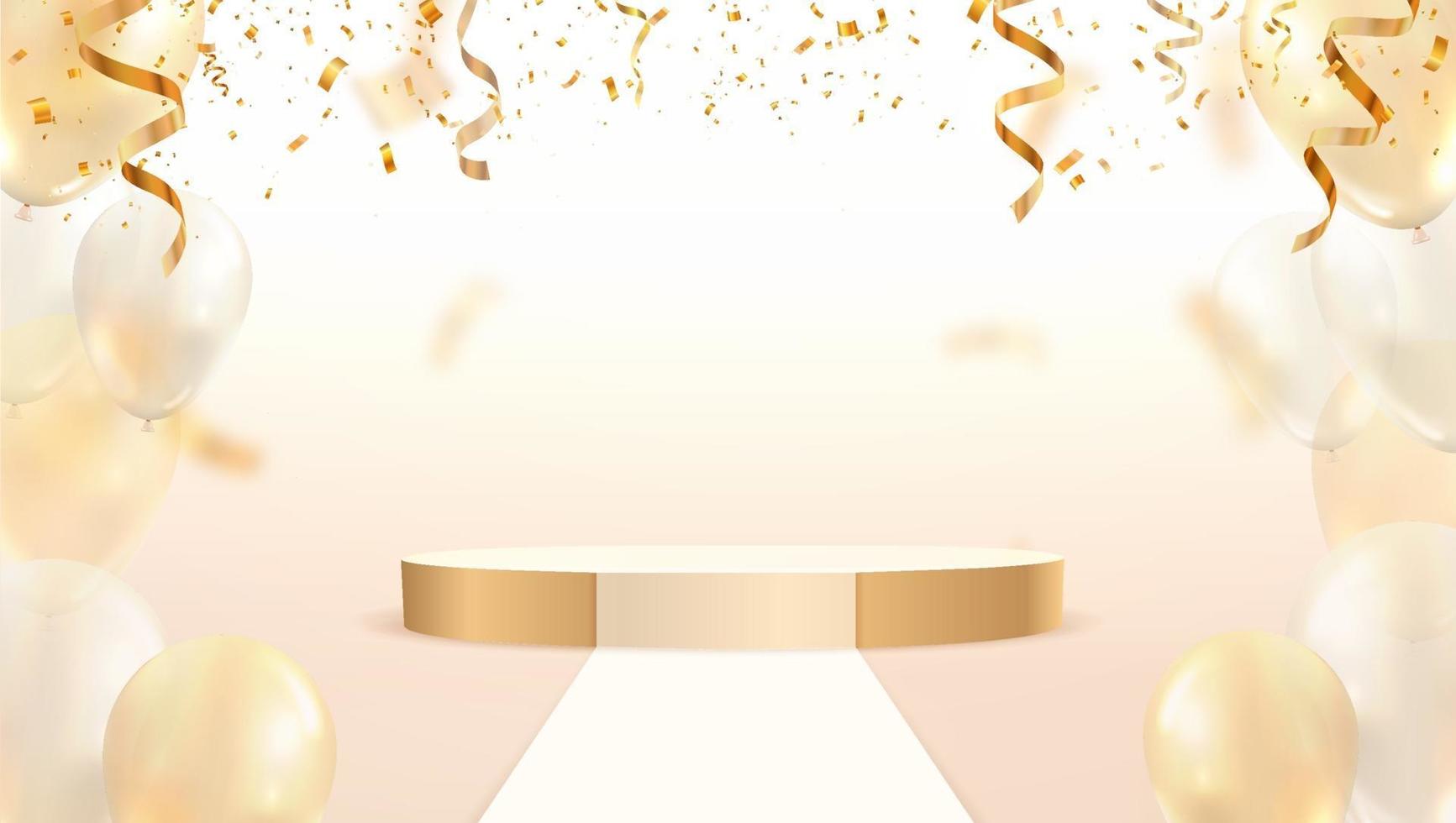 Golden stage podium with falling down colorful confetti and balloons vector