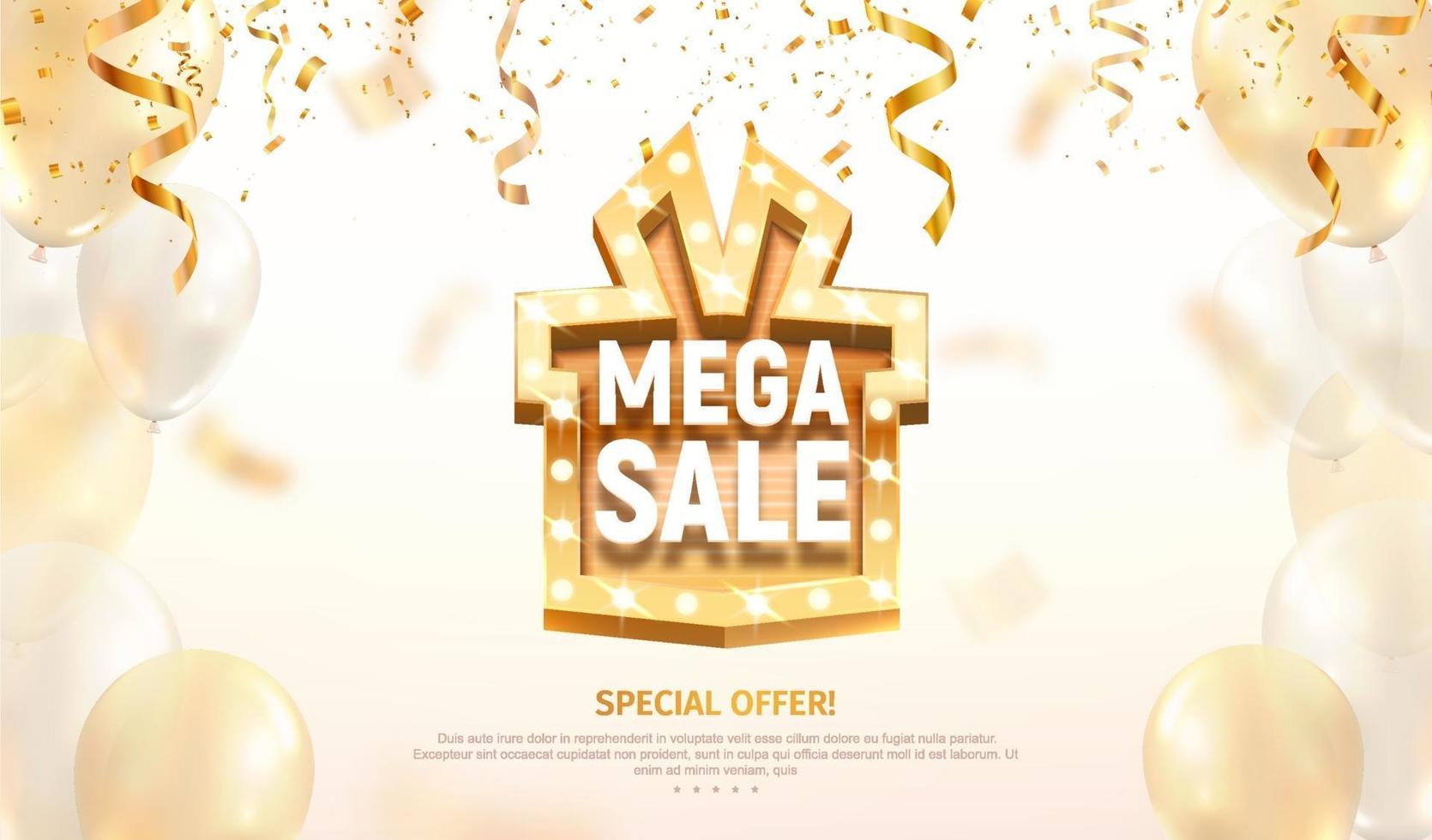 Mega sale gift box like golden retro board broadway sign vector